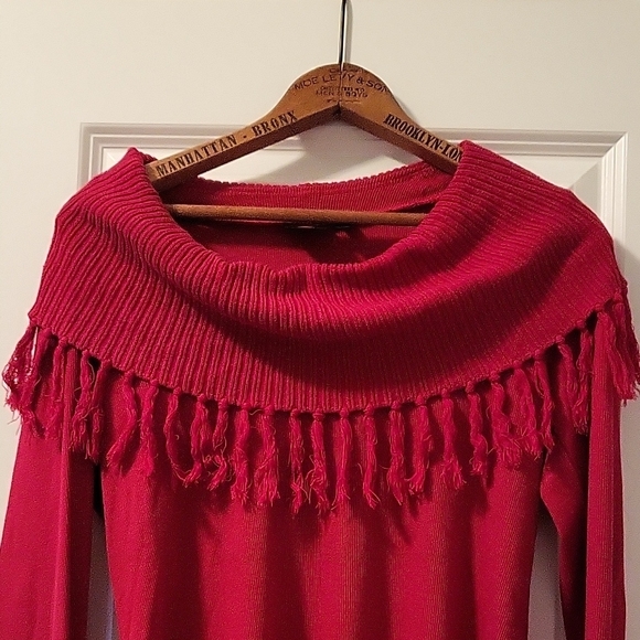 Rafaella Red Off-the-Shoulder Sweater with Fringe - Picture 2 of 6